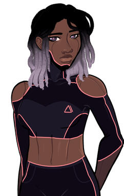 a young woman with dark skin, locs that are an ombre going from black at the roots to pinkish-grey at the tips