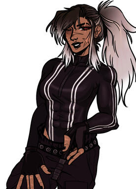 a tall, tan woman with multiple scars and grey hair.